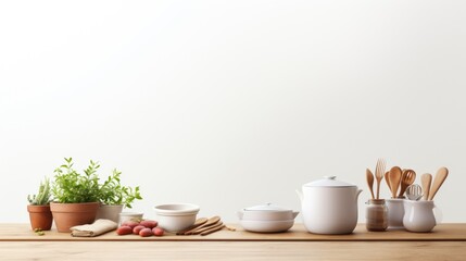 Empty space for text in a kitchen themed mockup with a teapot cooking utensils rolling pin cutting board and bowls on a white background