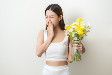 Allergic rhinitis symptom of odor pollen flowering, portrait asian young woman hand in sneeze,...