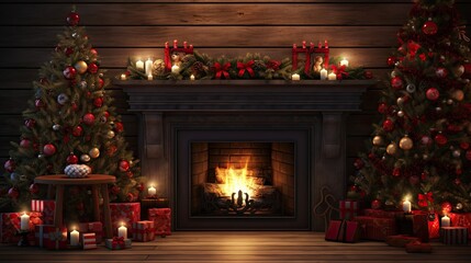 Fototapeta na wymiar Festive wooden table with Christmas tree and fireplace