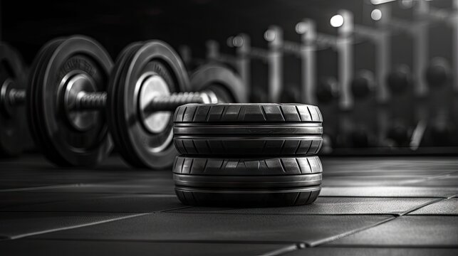 Fitness concept background with bodybuilding equipment such as dumbbells and iron plates on a rubber floor in a gym juxtaposed with black and white photography