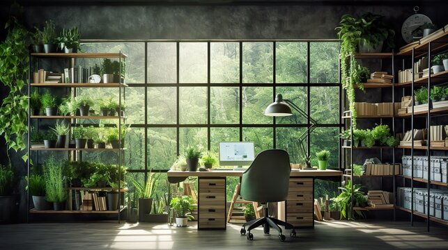Office interior  with eco interior decoration  Home interior with decor  plants decoration interior design of work space