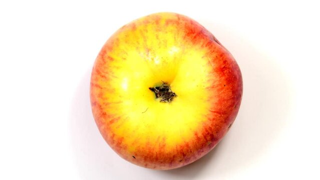 red and ripe apple on a turn table, flat view to the bottom with copy space