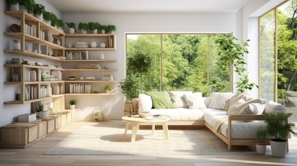 Fototapeta na wymiar living room with eco interior decoration Home interior with decor plants decoration interior design of living room