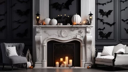  Halloween themed white fireplace with cage bats and spiders Modern decor 3d rendering © vxnaghiyev