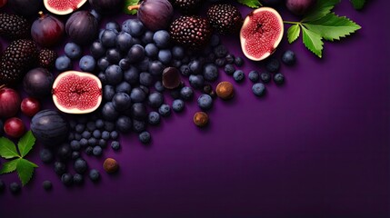 Food concept Artistic arrangement of purple fruits and vegetables on a purple surface Flat lay...