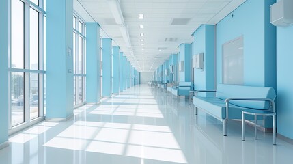 Empty modern hospital corridor with rooms and seats waiting room in medical office. Healthcare service interior