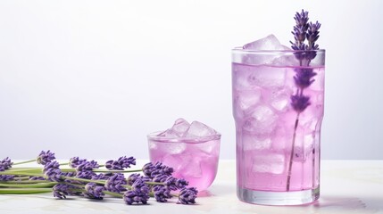 Obraz na płótnie Canvas Lavender lemonade cold purple cocktail with flowers glass and bottle