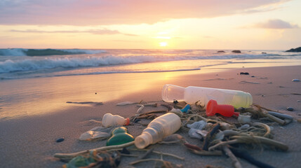 Colorful plastic trash on the beach, evening light - obrazy, fototapety, plakaty