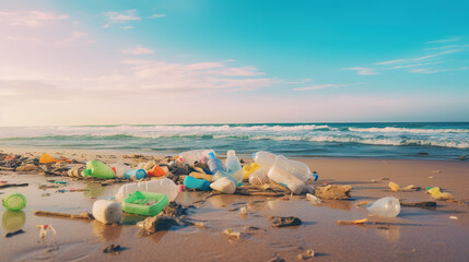 Colorful plastic trash on the beach - obrazy, fototapety, plakaty