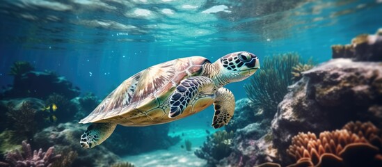 Underwater sea turtles swim With copyspace for text