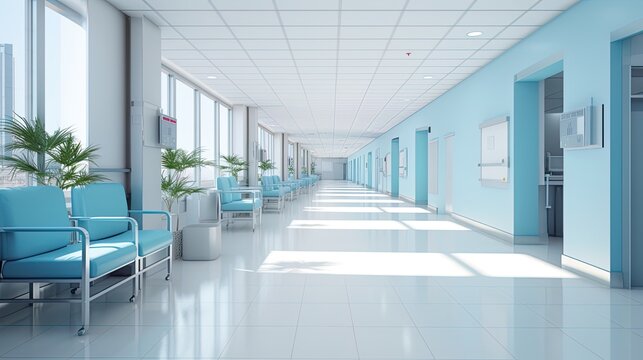 Empty Modern Hospital Corridor With Rooms And Seats Waiting Room In Medical Office. Healthcare Service Interior