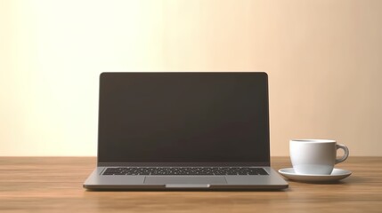 Fototapeta premium Laptop with blank screen on table workspace laptop showing blank screen background