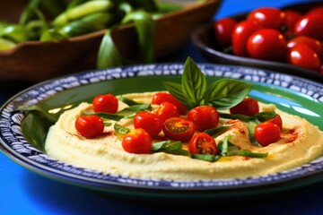 hummus with cherry tomatoes and snow peas on a teal plate