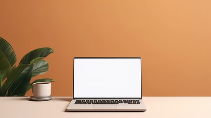 Fototapeta premium Laptop with blank screen on table workspace laptop showing blank screen background