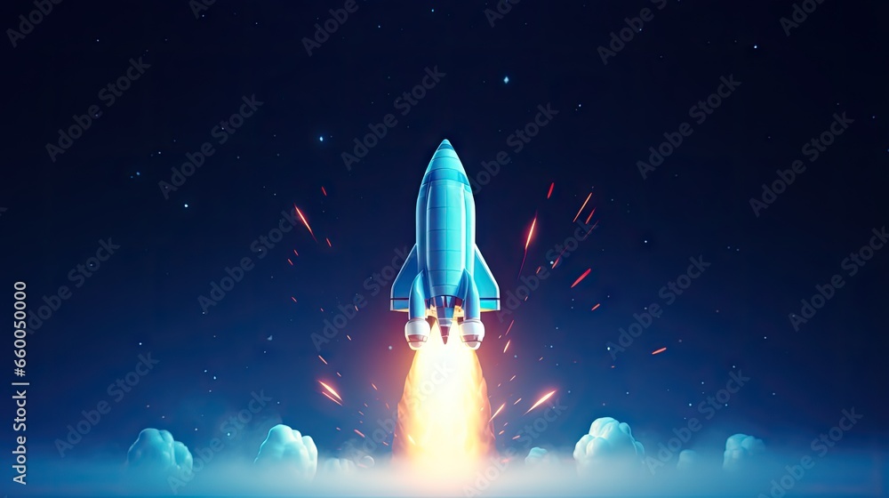 Poster illustration of a 3d rocket launching on a blue background symbolizing a startup business concept wi