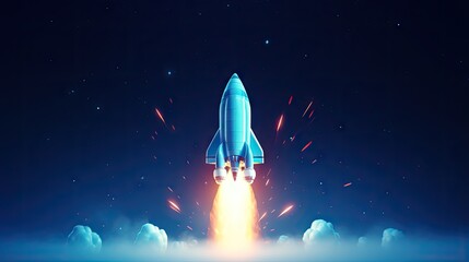 Obraz premium Illustration of a 3D rocket launching on a blue background symbolizing a startup business concept with a spaceship icon