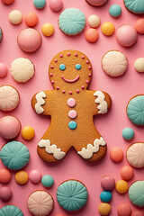 Top view of traditional Christmas gingerbread man  with colorful buttons on pink background.