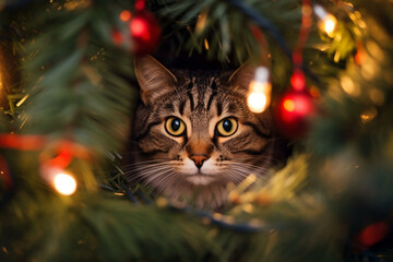 Domestic cat hiding in Christmas tree between lights and baubles