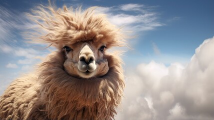 Humorous South American camelid on a gusty day