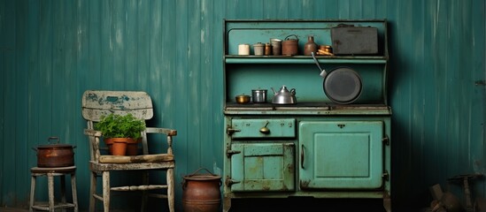 An antique stove and a vintage chair