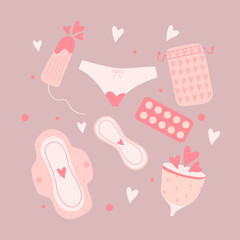 Menstruation theme. Period. Various feminine hygiene products. Zero waste objects. Panties, pads, cups. Menstrual protection, feminine hygiene. Hand drawn vector illustration. Elements are isolated