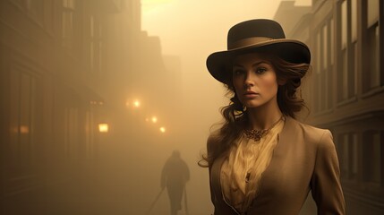 Model amidst an ambiance reminiscent of Victorian fog-laden streets, with tones of sepia, brown,...