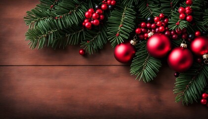 Festive Background with Pine Branches and Crimson Berries
