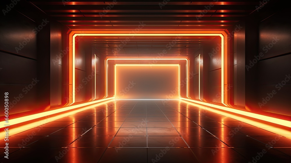 Aufkleber Empty 3D rendering of a futuristic retro light frame in a grungy concrete tunnel dance room