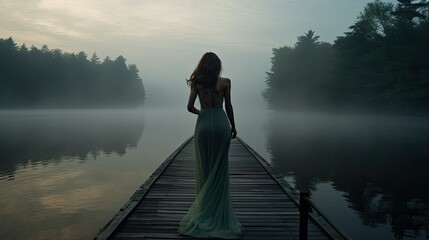Model on a dock, with a mysterious mist rising from a serene lake, drawing from cool blues and greens