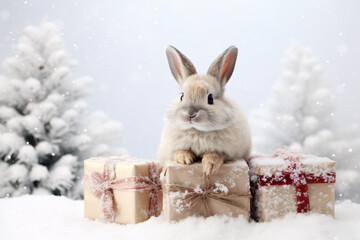 Rabbit just discovered Christmas presents in the snowy forest. Christmas Card. generative Ai