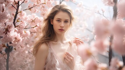 Model surrounded by the gentle mist of a spring morning, with cherry blossoms creating a palette of soft pinks and whites