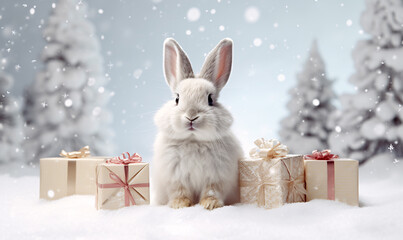 A white rabbit sits in the snow next to Christmas presents, surrounded by a winter landscape. Cute and funny pets at Christmas. generative Ai