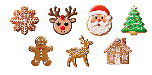 Cute Winter Set of Christmas Sugar Cookies. Gingerbread with Cute Design on transparent background, png - Generative AI