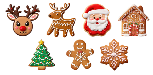 Biscuit Shaped Ginger Bread House, Santa Face, Deer Head, Snowflake, and Christmas Tree in a Winter Set of Sugar Cookie Christmas. Includes Cute Design Gingerbread Cookies- Generative AI