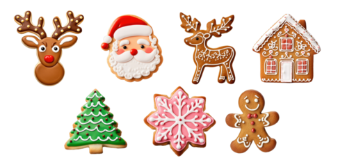 Winter Set of Sugar Cookie Christmas and Cute Design Gingerbread Cookies. Features Biscuit Shaped Ginger Bread House, Santa Face, Deer Head, Snowflake, and Christmas Tree - Generative AI