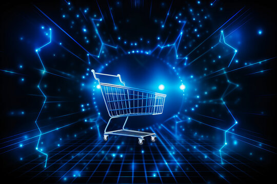 Dazzling digital shopping cart flying amidst a constellation of digital signals.