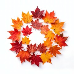 Autumn leaves laid out in a circle on a white background. AI.