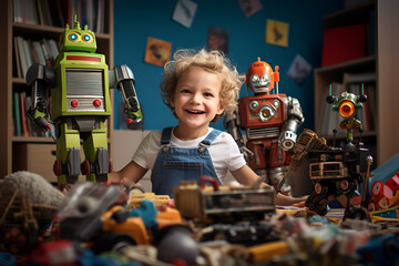 The child creates a prototype. Scientific development, interest and concentration of a boy who designs a robot for a robotics lesson at school. Science, technology and children education concept.