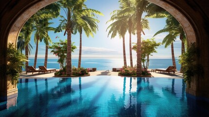 Gorgeous pool with palm trees and ocean view Thai decor - obrazy, fototapety, plakaty