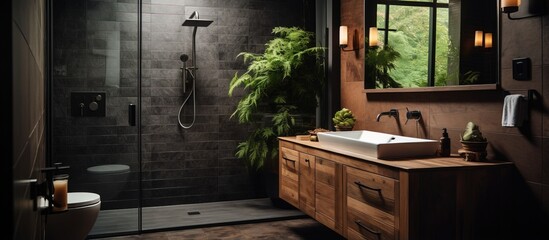 A wooden vanity features a sink mirror and wall mounted shower head in the bathroom - obrazy, fototapety, plakaty