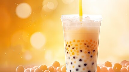 Mango lemon flavored Taiwan bubble milk tea with boba pearls in a plastic cup perfect for summer refreshment - obrazy, fototapety, plakaty