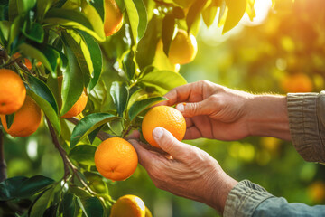 a gardener's hand holding a freshly harvested crop of organic oranges, bathed in sunlight and emphasizing the natural and healthy qualities of the fruit. - obrazy, fototapety, plakaty