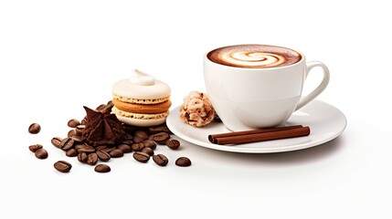 Hot coffee cup and ingredients on white background
