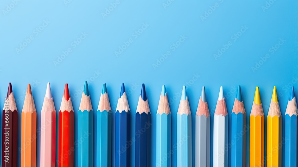 Poster isolated colored pencils on blue background extremely shallow depth of field