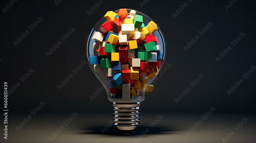 Aufkleber idea concept symbolized by light bulb with toy blocks inside