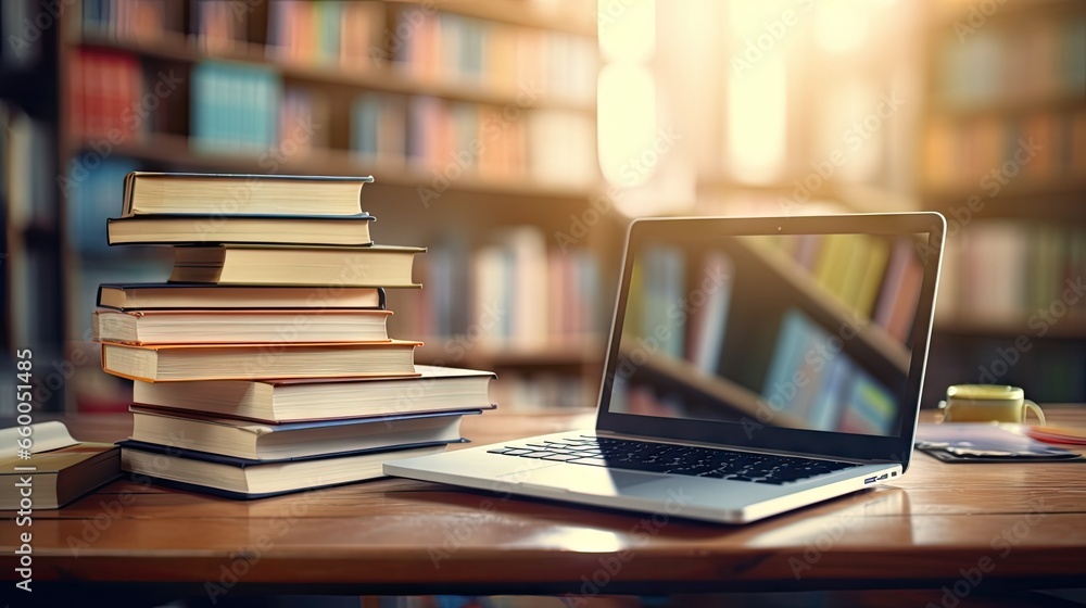 Poster library desk with books and laptop representing education technology and e learning