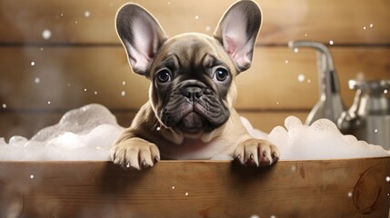 French bulldog puppy getting bathed in a wooden basin with soapy water - obrazy, fototapety, plakaty