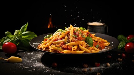 Italian penne alla arrabiata with basil grated parmesan on dark table Spicy penne pasta arrabbiata with cheese and basil
