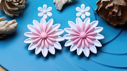making pink blue and white daisy flower polymer clay earrings with 3D printed clay cutter tools