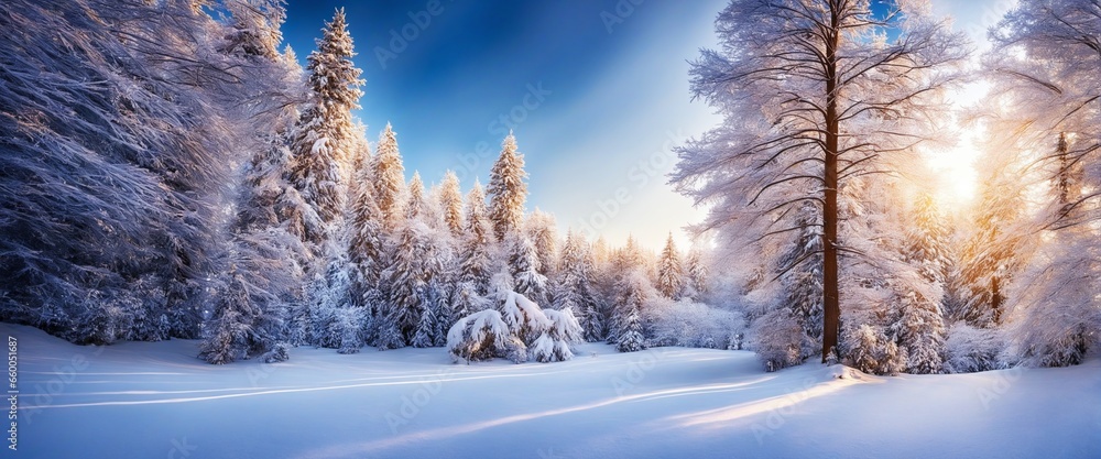 Poster christmas atmosphere with fir trees and frosty background